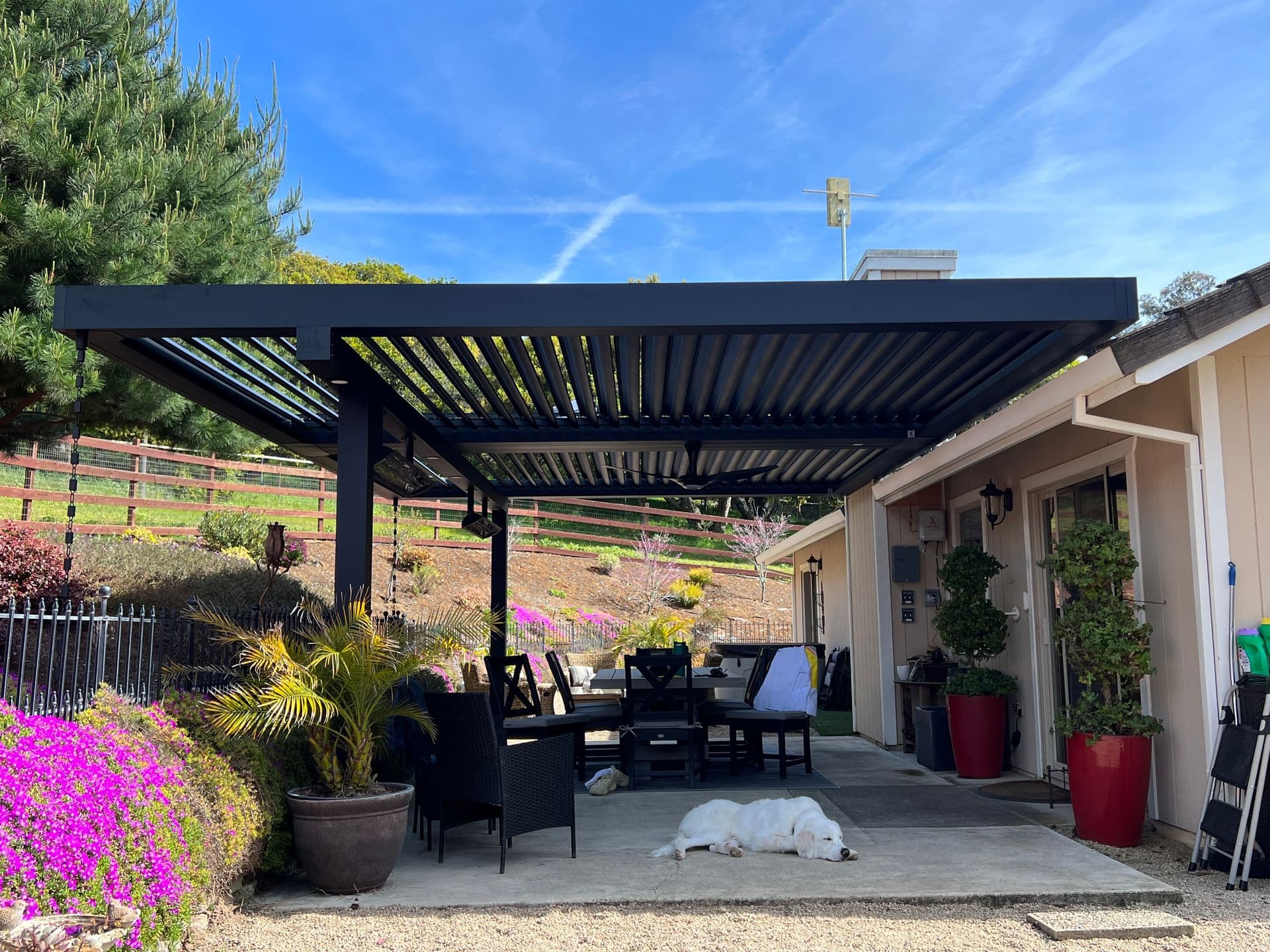 Eye-level exterior view of a modern black louvered pergola covering a concrete patio with outdoor dining furniture, a sleeping white dog, potted plants, and red planters, set against a single-story home and a hillside backyard under a clear blue sky.